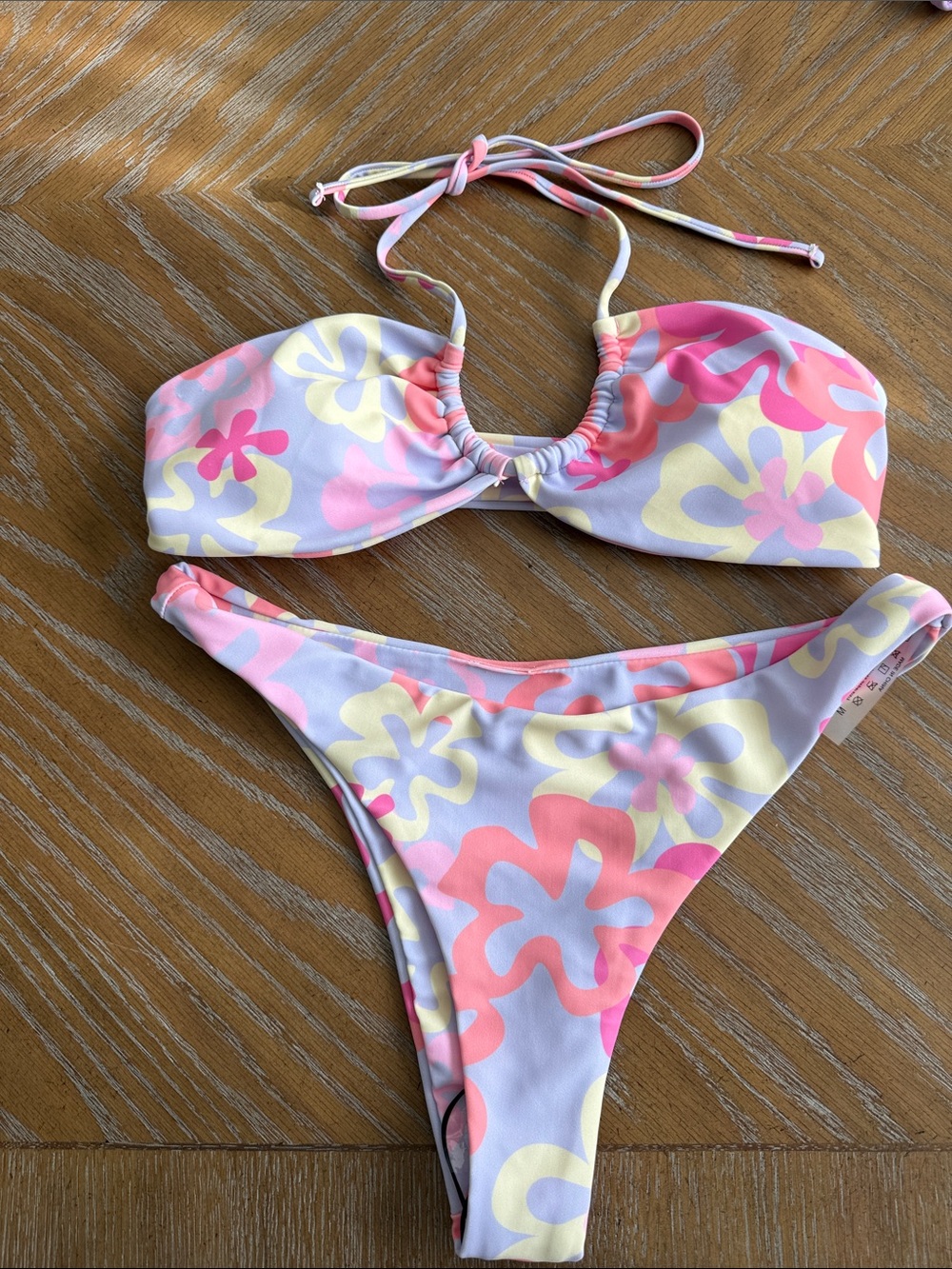 SHEIN Pastel Floral Bandeau Bikini Top in Pink, Yellow & Lavender